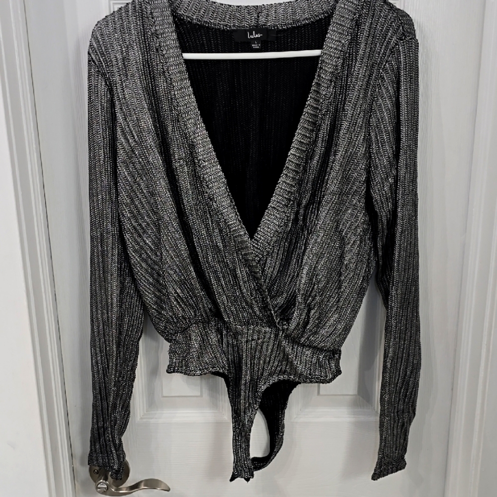 Lulus Black and Silver Deep V Bodysuit